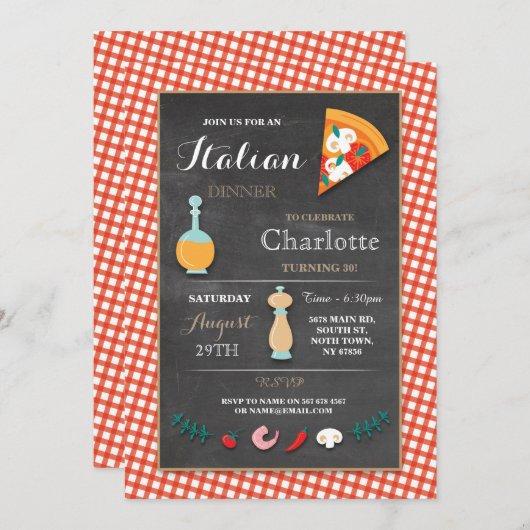ディナーバースデイタリアンィパーティーチョークピザ招待状 招待状 (正面/裏面)