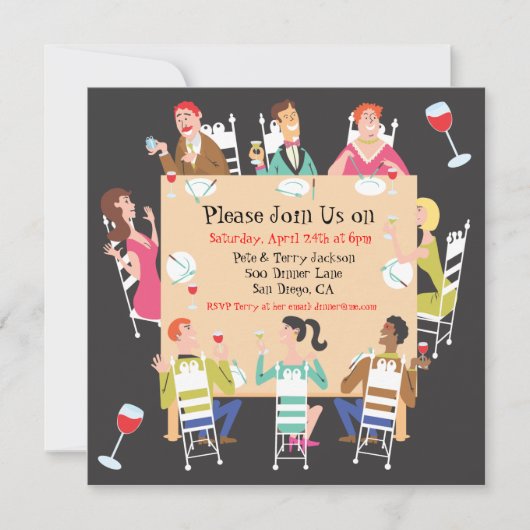 ディナーパーティの招待状とテーブルと友人 招待状 (正面)