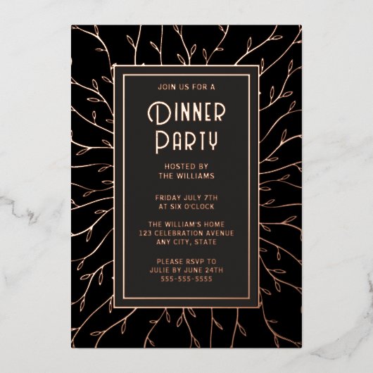 ディナーパーティの招待状ブラックエレガントフローラ 箔招待状 (正面)