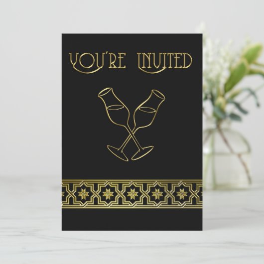 ディナーパーティの招待状、ブラックと金ゴールドワイングラス 招待状 (スタンド正面)