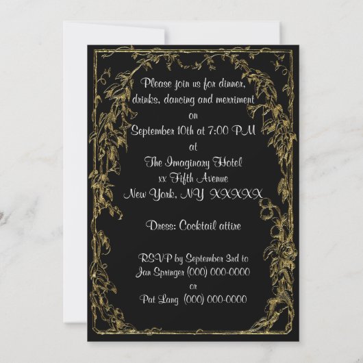 ディナーパーティの招待状、ブラックと金ゴールドワイングラス 招待状 (裏面)