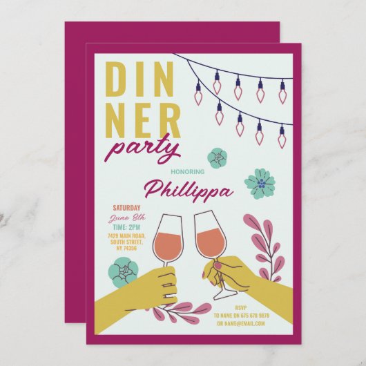 ディナーパーティーフレンズ誕生日ワインテイスティングランチ 招待状 (正面/裏面)