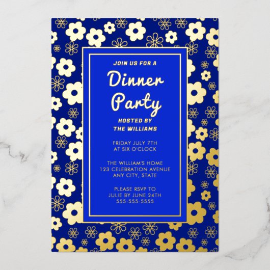 ディナーパーティーレトロおもしろいフラワーズお祝い 箔招待状 (正面)