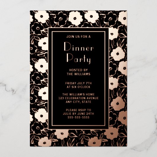 ディナーパーティー招待状ボタニカルブラックエレガントバラ 箔招待状 (正面)