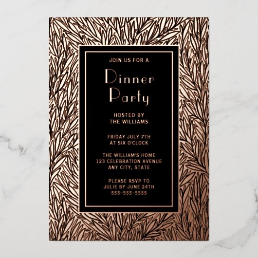 ディナーパーティー招待状ボタニカルブラックエレガントバラ 箔招待状 (正面)