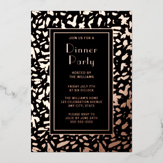 ディナーパーティー芸術的招待状ブラックエレガントバラ 箔招待状 (正面)