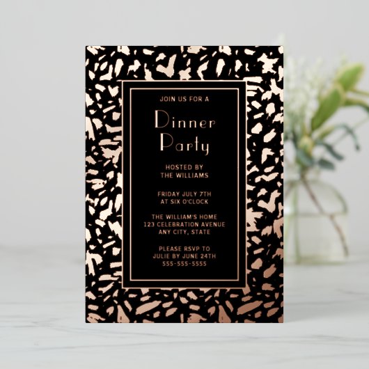 ディナーパーティー芸術的招待状ブラックエレガントバラ 箔招待状 (立ち正面)