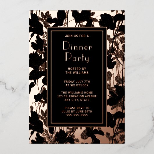 ディナーパーティー芸術的招待状ブラックエレガントフローラ 箔招待状 (正面)