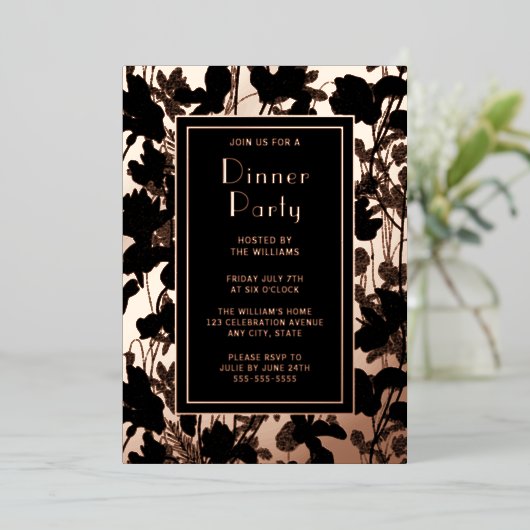 ディナーパーティー芸術的招待状ブラックエレガントフローラ 箔招待状 (立ち正面)