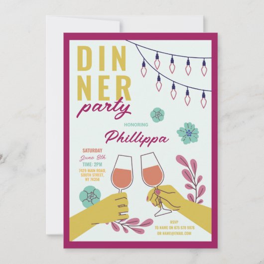 ディナーパーティー 友達 誕生日 ワインチェック ランチ 招待状 (正面)