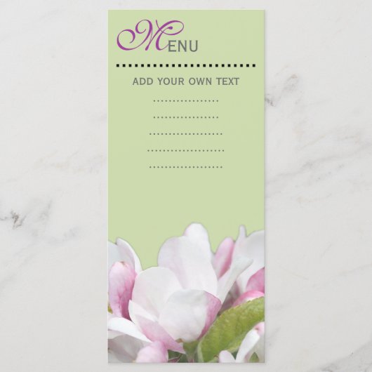 ディナーメニューカード、ピンクのリンゴの花。 メニュー (正面)