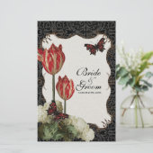 ディナーメニューカード – 黒nクリームレッドチューリップダマスク (スタンド正面)