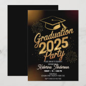 ディナー卒業式金ゴールド卒業式キャップ花火 招待状 (正面/裏面)
