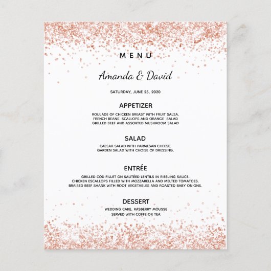 ディナー結婚メニュー白バラ金ゴールド紙吹雪 (正面)