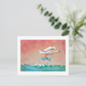 ディナー魚釣り- Tiny Art #608 Bird & Fish art ポストカード (スタンド正面)