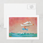 ディナー魚釣り- Tiny Art #608 Bird & Fish art ポストカード (正面/裏面)