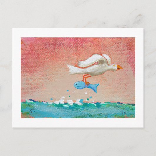 ディナー魚釣り- Tiny Art #608 Bird & Fish art ポストカード (正面)