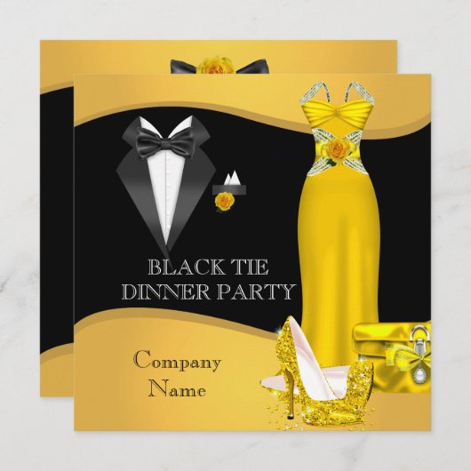 ディナ企業のーフォーマルパーティーブラックタイイエロー2 招待状 (正面/裏面)