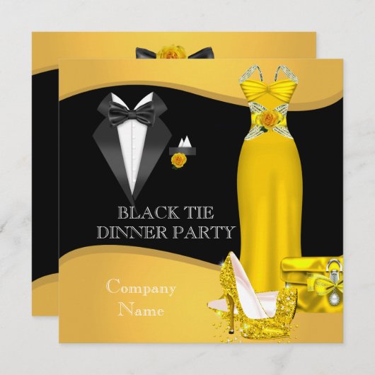 ディナ企業のーフォーマルパーティーブラックタイイエロー 招待状 (正面/裏面)