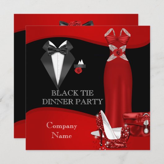 ディナ企業のーフォーマルパーティーブラックタイレッド3 招待状 (正面/裏面)
