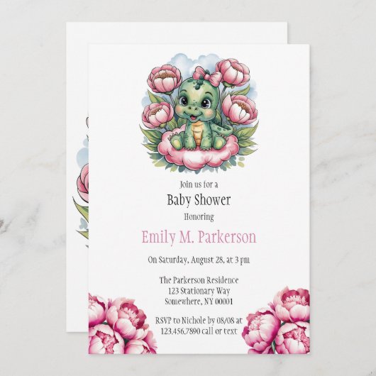 ディノお洒落デライトガール赤ちゃんシャワー招待状 招待状 (正面/裏面)