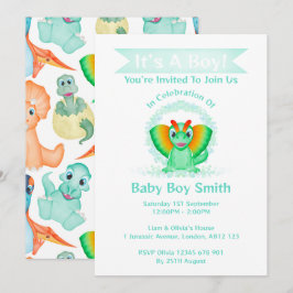 ディノカスタム水彩恐竜の男の子の赤ちゃんシャワー 招待状