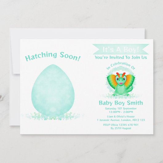 ディノカスタム水彩恐竜の男の子の赤ちゃんシャワー 招待状 (正面)