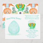 ディノカスタム水彩恐竜の男の子の赤ちゃんシャワー 招待状 (正面/裏面)