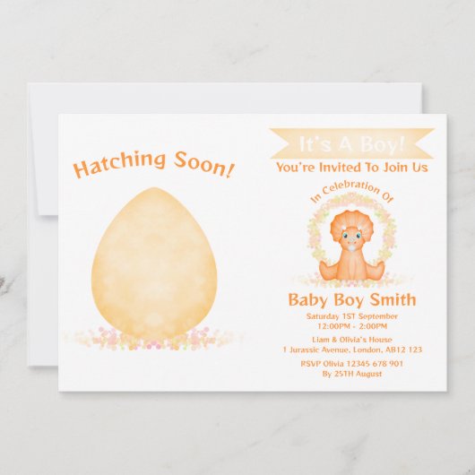 ディノカスタム水彩恐竜の男の子の赤ちゃんシャワー 招待状 (正面)