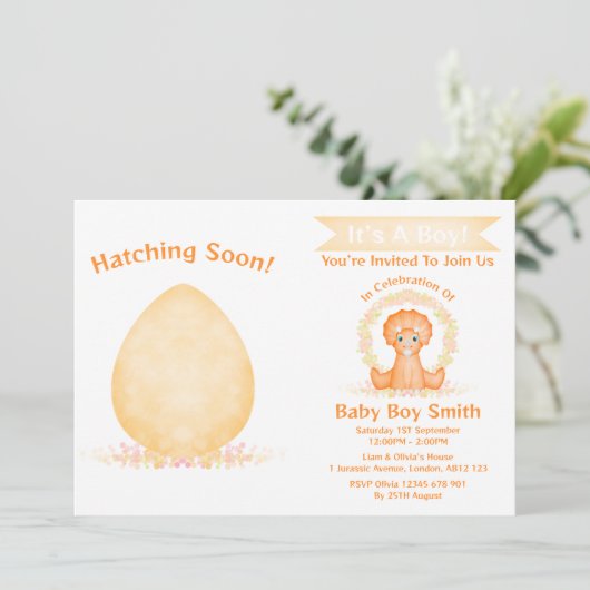 ディノカスタム水彩恐竜の男の子の赤ちゃんシャワー 招待状 (スタンド正面)