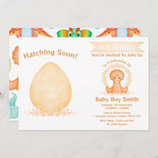 ディノカスタム水彩恐竜の男の子の赤ちゃんシャワー 招待状 (正面/裏面)