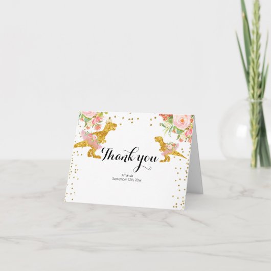 ディノガールピンク金ゴールド立ちサンキューカード サンキューカード (正面)