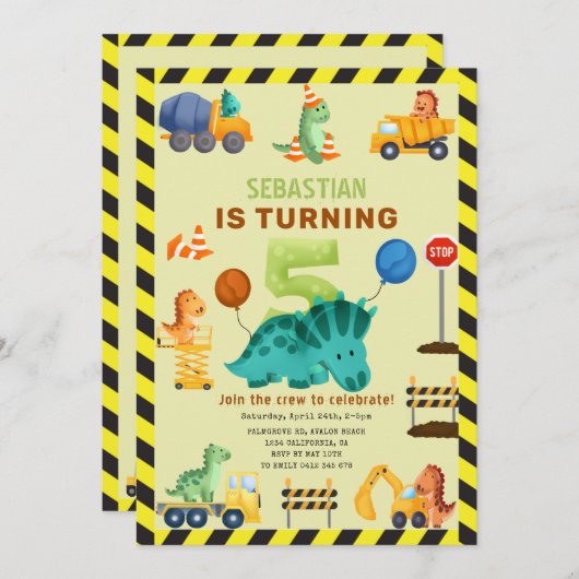 ディノクルーズ建築第5誕生日恐竜 招待状 (正面/裏面)