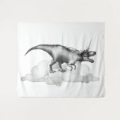 ディノコーン シルバー | ファンタジーユニコーンの角を持つ恐竜 タペストリー (正面(横))