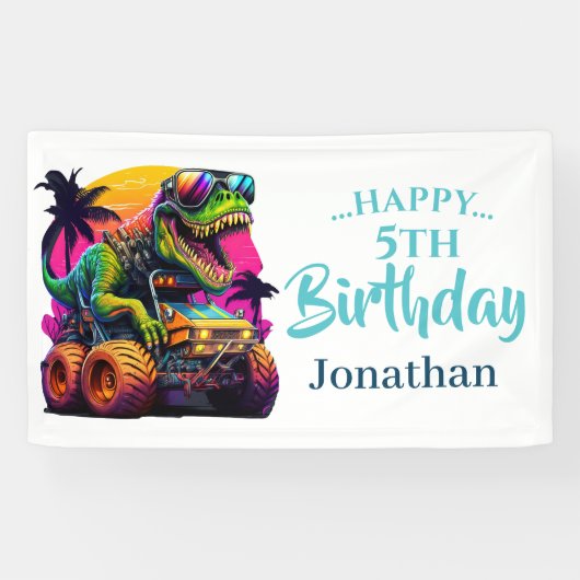 ディノジュラシックジャングル子供の誕生日ブルー 横断幕 (横)