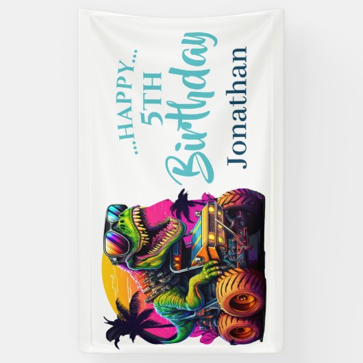 ディノジュラシックジャングル子供の誕生日ブルー 横断幕 (縦)