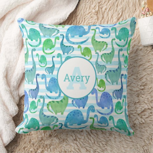 ディノストライプ水彩恐竜パーソナライズされた クッション (ブランケット)
