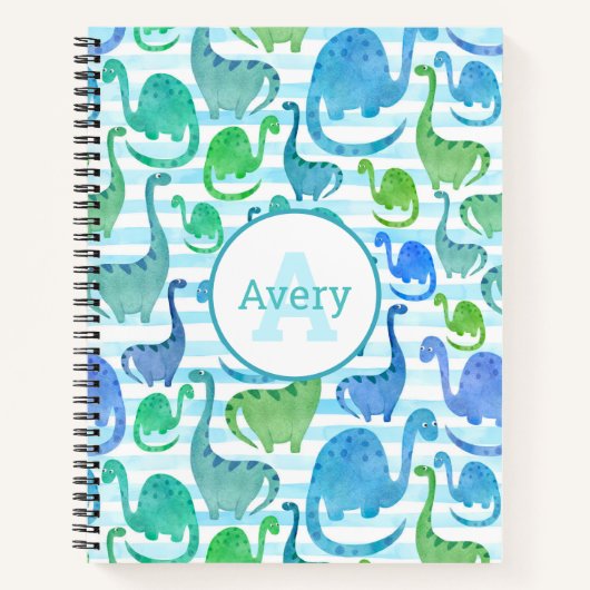 ディノストライプ水彩恐竜パーソナライズされた ノートブック (正面)