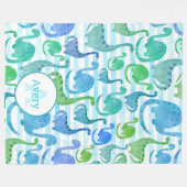 ディノストライプ水色恐竜パーソナライズされた群 フリースブランケット (正面(横))