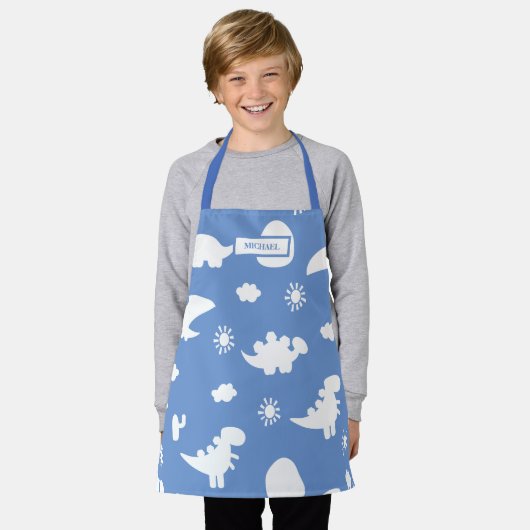 ディノドードルシルエット子供たち恐竜ブルーエプロン エプロン (着用した状態)