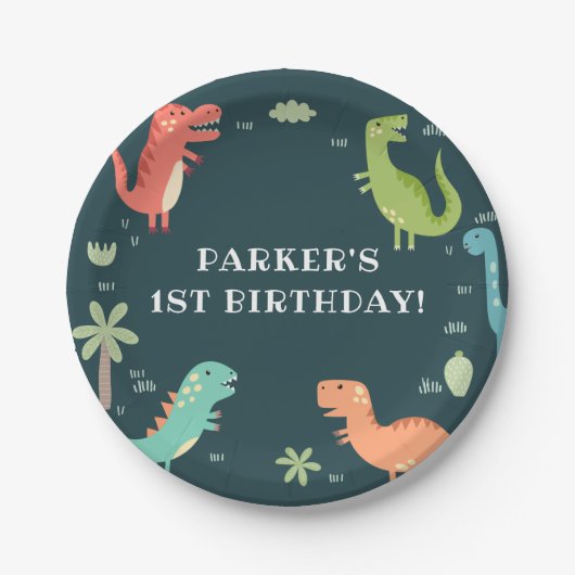 ディノパーティーかわいい恐竜の少年の誕生日パーティー ペーパープレート (正面)