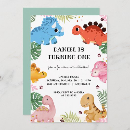 ディノパーティーかわいい恐竜の誕生日パーティーの招待状 招待状 (正面/裏面)