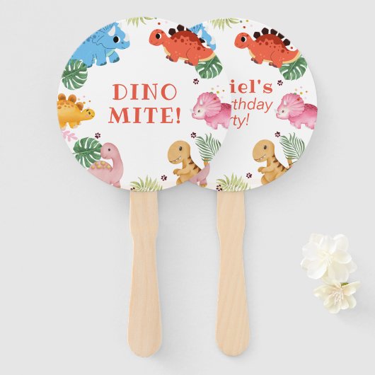 ディノパーティーかわいい恐竜の誕生日パーティー ハンドファン (正面&裏面)