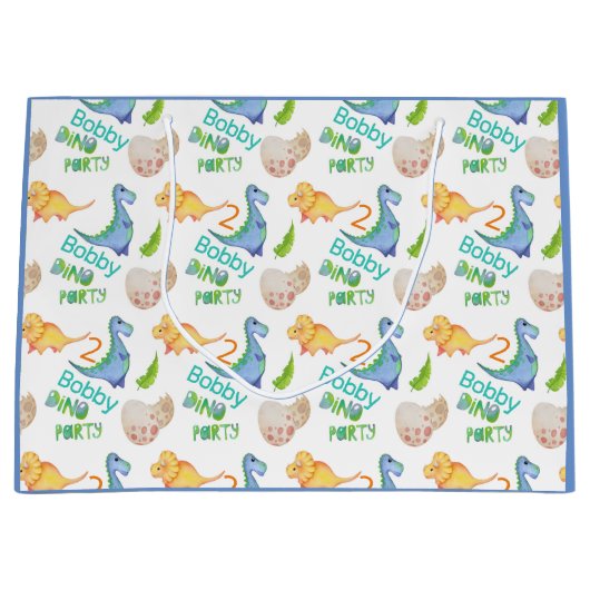 ディノパーティーかわいい恐竜誕生日少年の名前&年齢 ラージペーパーバッグ (正面)