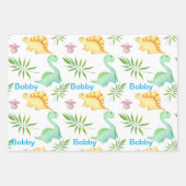 ディノパーティーかわいい恐竜誕生日少年の名前&年齢W ラッピングペーパーシート (正面3)