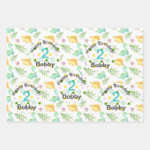 ディノパーティーかわいい恐竜誕生日少年の名前&年齢W ラッピングペーパーシート (正面)