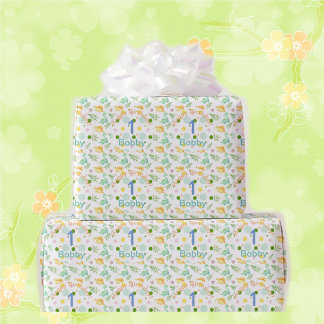 ディノパーティーかわいい恐竜誕生日少年の名前&年齢W ラッピングペーパー