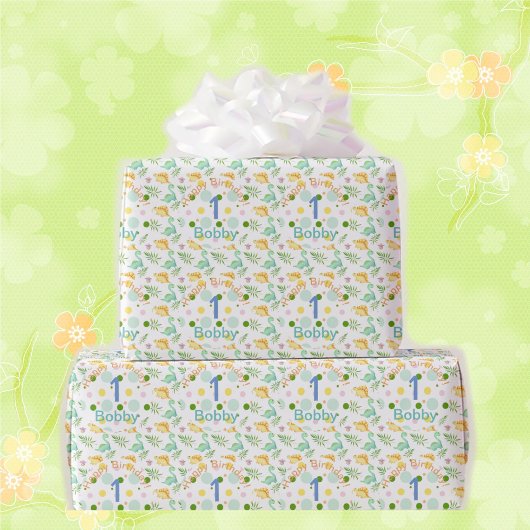 ディノパーティーかわいい恐竜誕生日少年の名前&年齢W ラッピングペーパー