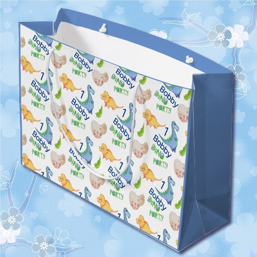 ディノパーティーかわいい恐竜誕生日少年パーソナライズ ラージペーパーバッグ
