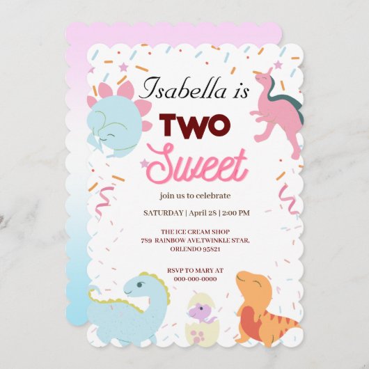 ディノパーティーかわいい恐竜2つの甘い誕生日女の子 招待状 (正面/裏面)